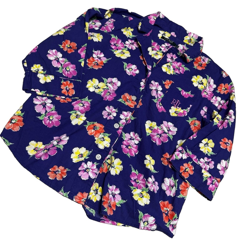 Lauren Ralph Lauren Women's XL Floral Button-Down Blouse Blue Pink Cotton